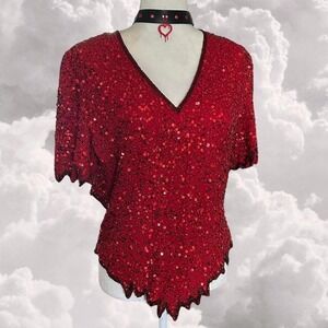 Deadstock Vintage Beaded Sequin Unique Retro Red Blouse